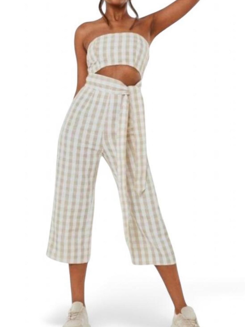 Missguided Cropped Gingham Jumpsuit - Strapless Cut Out Tie Waist | US Size 2
